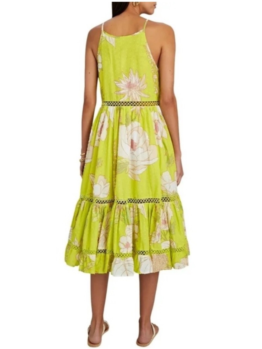 FARM Rio Neon Garden Floral Midi Summer Swiss Dot Halter Dress in neon yellow - Picture 4 of 16